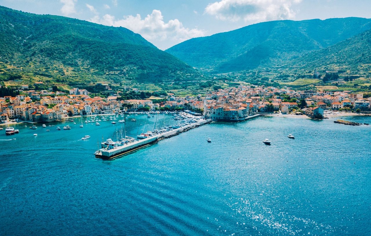Komiža town on island Vis, Dalmatia, Croatia, where parts of Mamma Mia 2 movie were filmed.