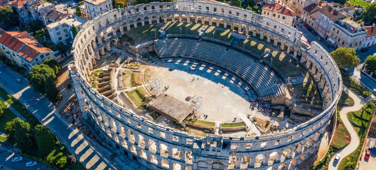 Aerial view of Pula Arena Roman amphitheater, Istria, Croatia