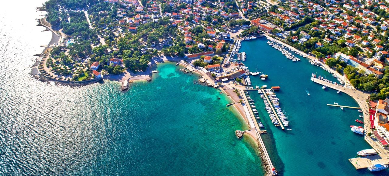 Krk. Idyllic Adriatic island town of Krk aerial view