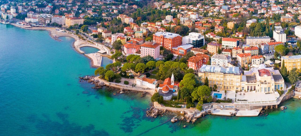 Town of Opatija and Lungomare sea walkway aerial panoramic view