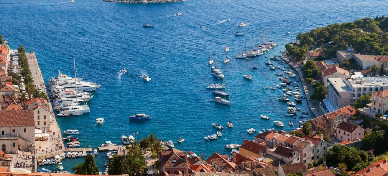 Aerial view at Hvar town in Southern Croatia, famous luxury travel destination in Europe, Mediterranean.