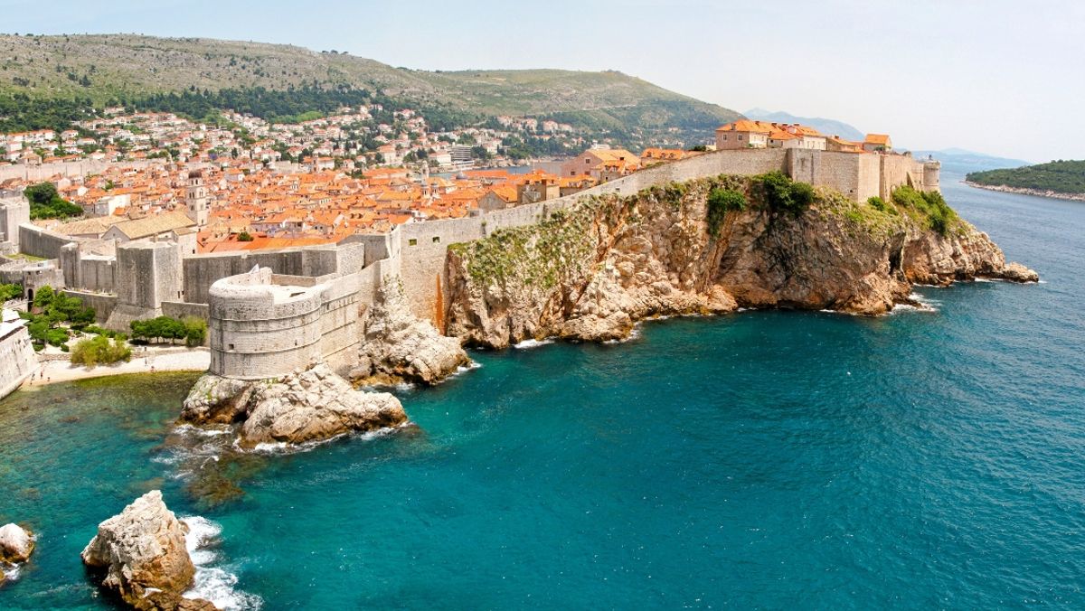 Panoramic aerial photo of old Dubrovnik walls.