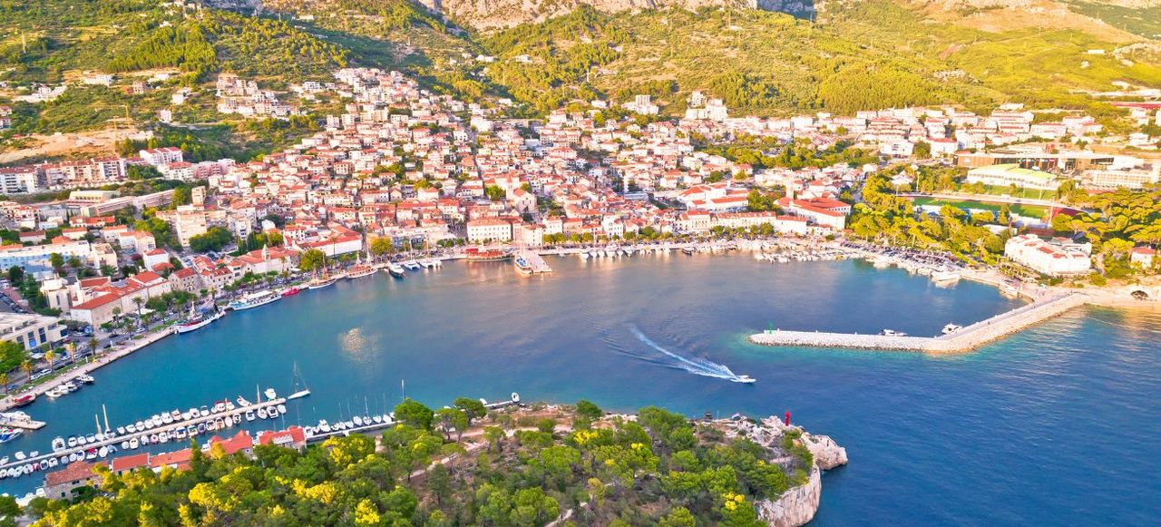 Tourist city of Makarska aerial view