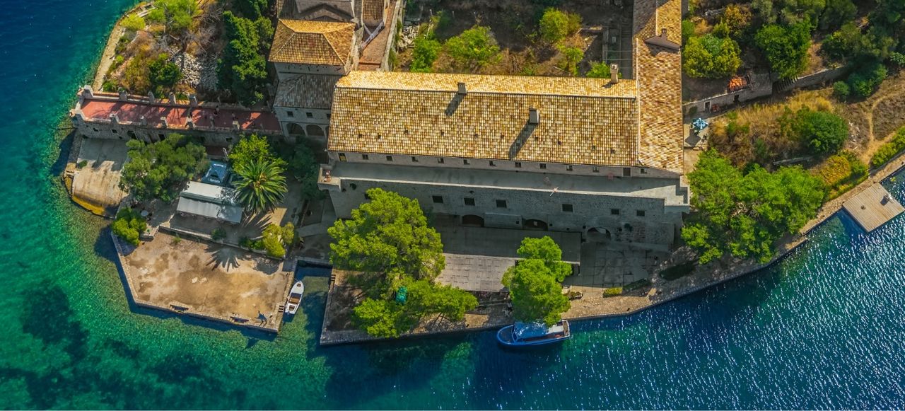 Aerial helicopter photo of Saint Mary monastery on litle island in national park Mljet, Croatia
