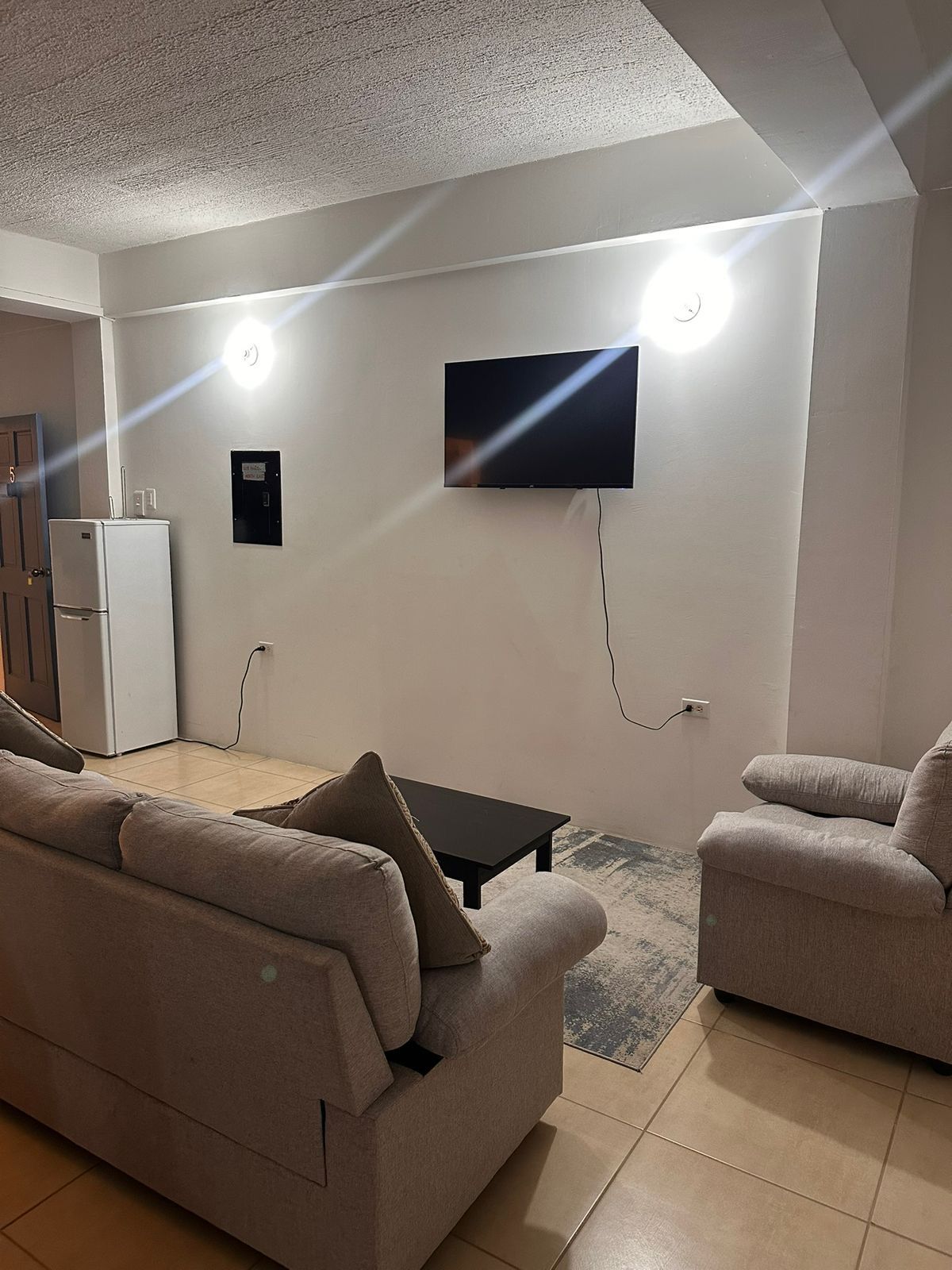 Lounge with sofas, a wall-mounted television and a fridge