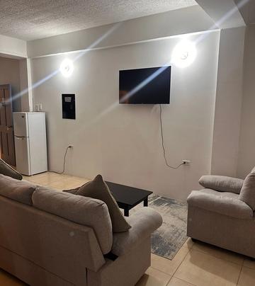 Lounge with sofas, a wall-mounted television and a fridge