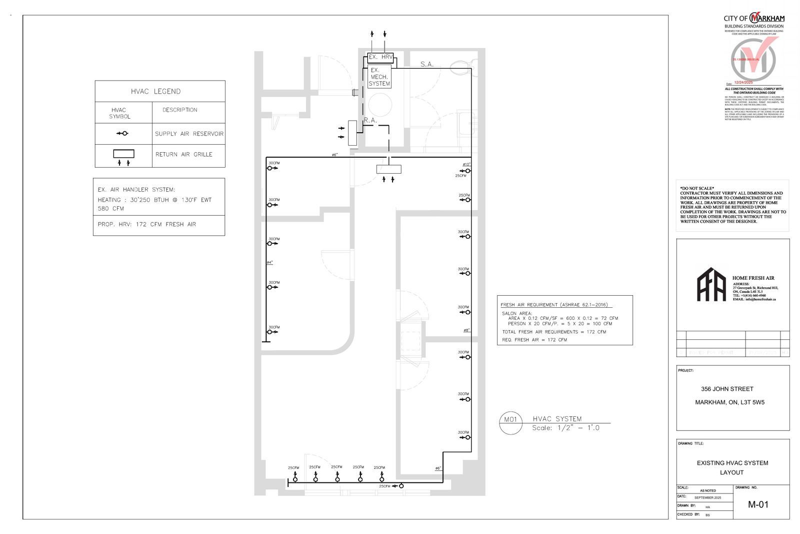 Sheet M-01, existing HVAC system layout, stamped by the City of Markham