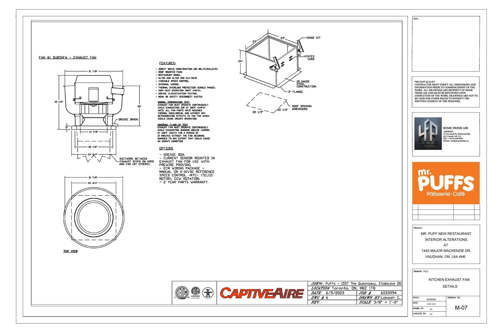 Sheet M-07, kitchen exhaust hood details