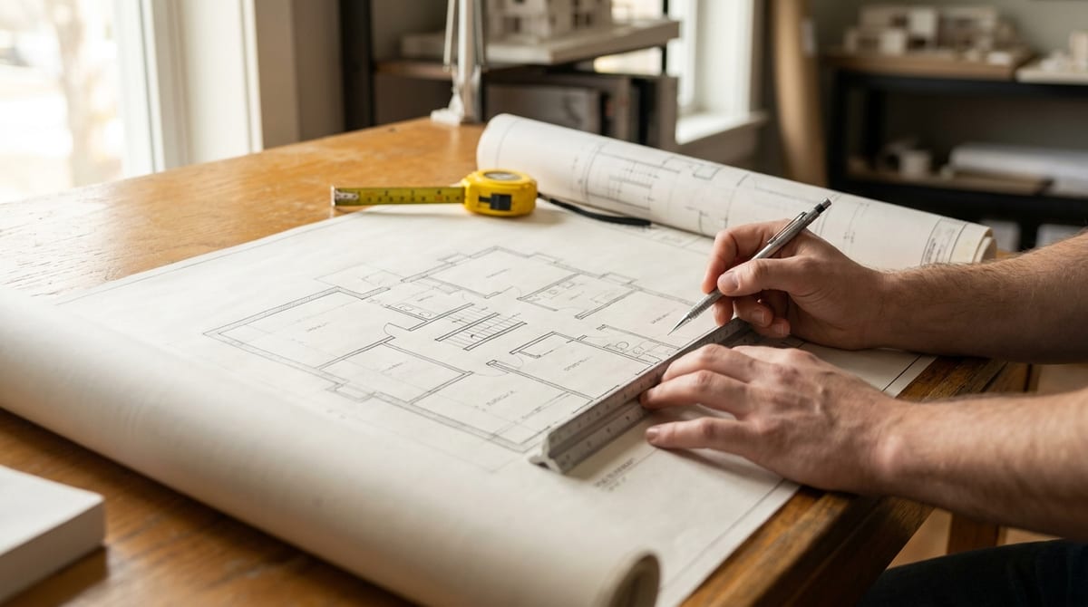 Close-up of hands working on architectural basement floor plans with a scale ruler and pencil on a wooden drafting table.
