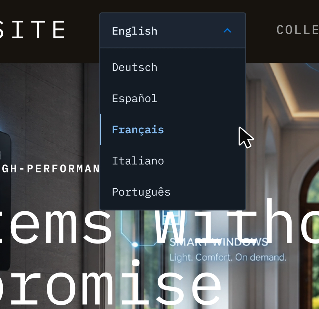 Dark-themed language selector dropdown open in a website header, listing English, Español, Deutsch, Français, Italiano, Português and 中文