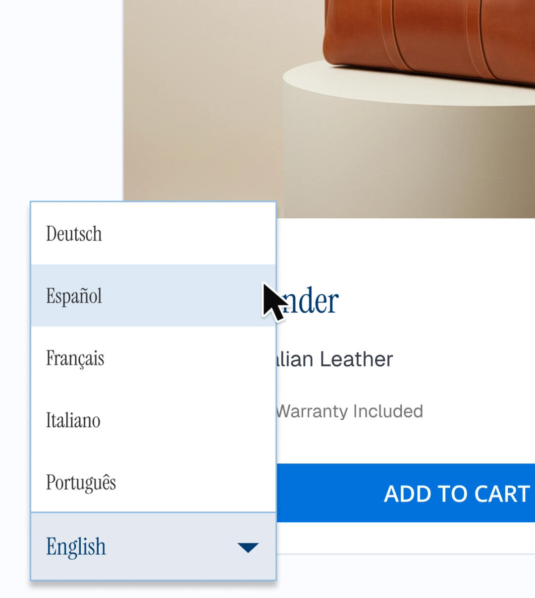 Language selector opening upward on a product page, with Deutsch highlighted and English selected