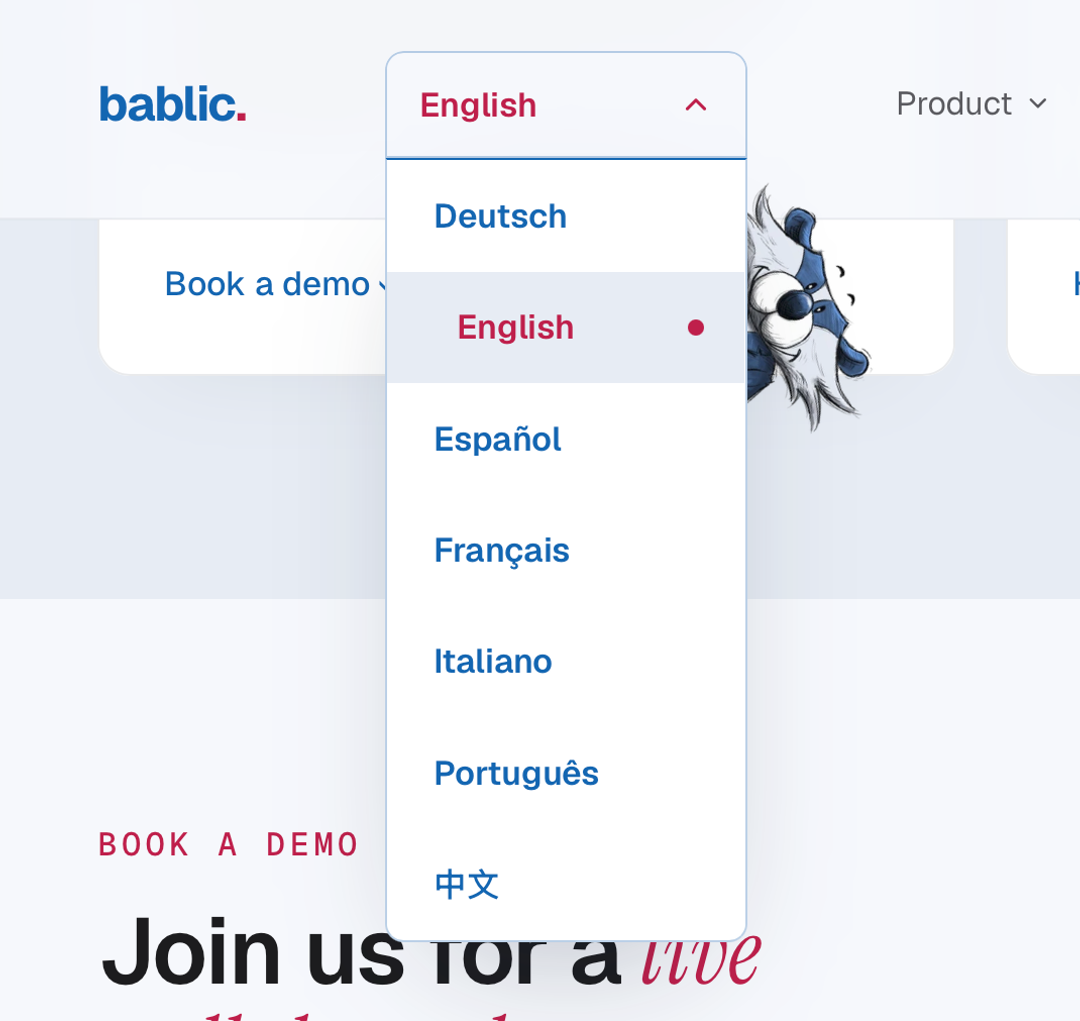 Lista rozwijana wyboru języka witryny Bablic z wybranym językiem angielskim, zawierająca: Deutsch, Español, Français, Italiano, Português i 日本語