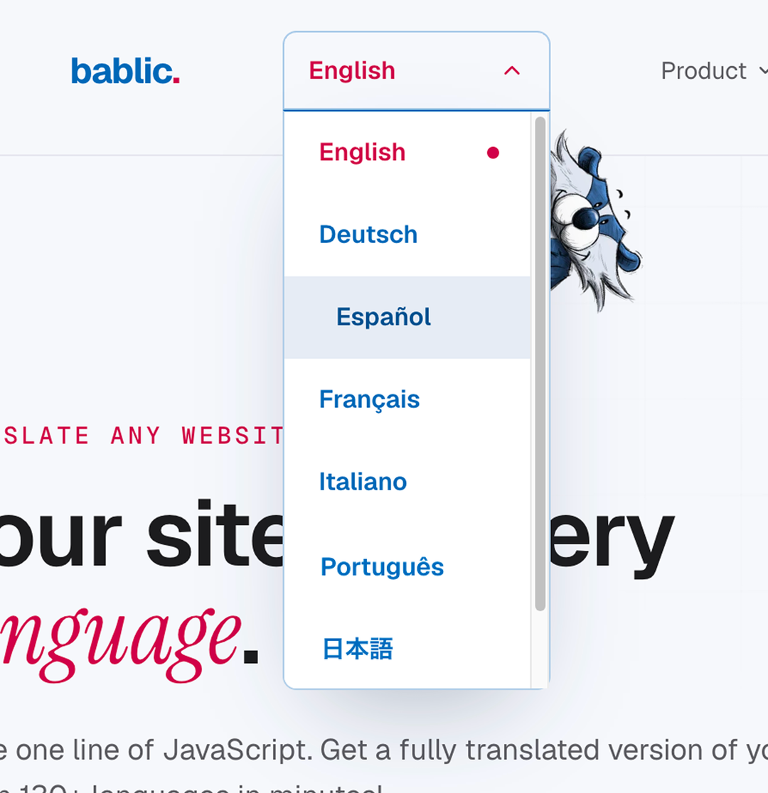 Bablic ウェブサイトの言語セレクターのドロップダウンメニューで英語が選択されており、Deutsch、Español、Français、Italiano、Português、日本語がリストされています。