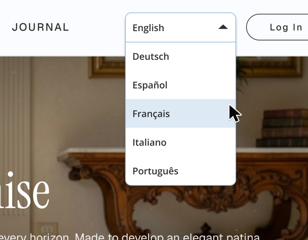 “Light, rounded language selector dropdown in a website header with Français highlighted on hover”