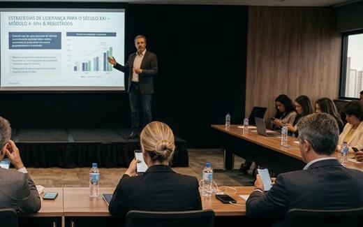 Palestrante apresenta slides sobre estratégias de liderança numa sala de reunião enquanto vários participantes olham para o celular.