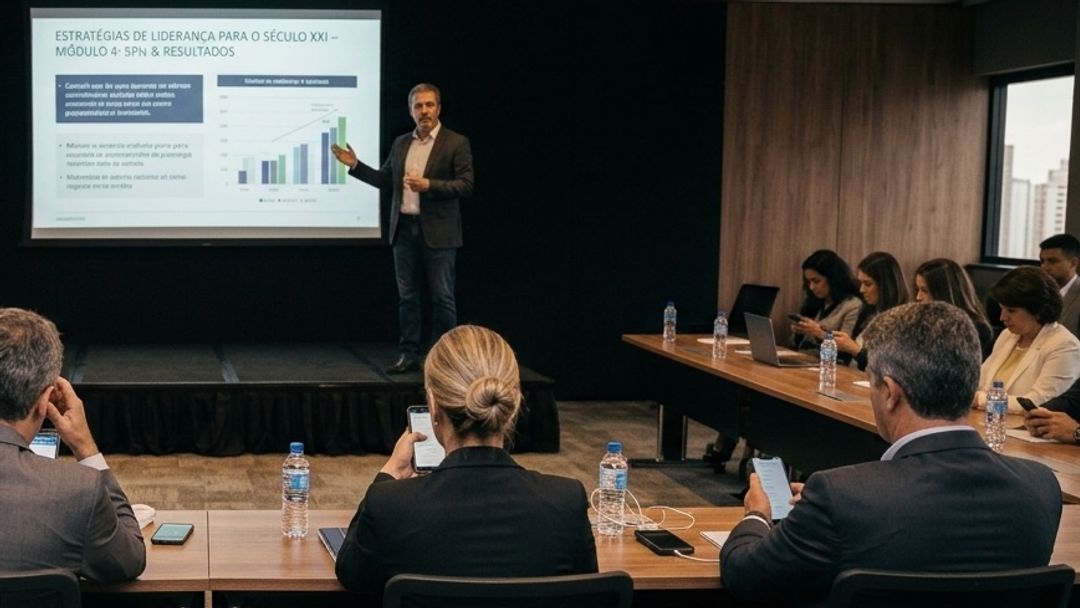 Palestrante apresenta slides sobre estratégias de liderança numa sala de reunião enquanto vários participantes olham para o celular.
