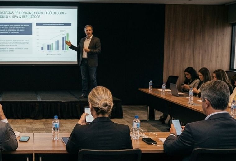 Palestrante apresenta slides sobre estratégias de liderança numa sala de reunião enquanto vários participantes olham para o celular.