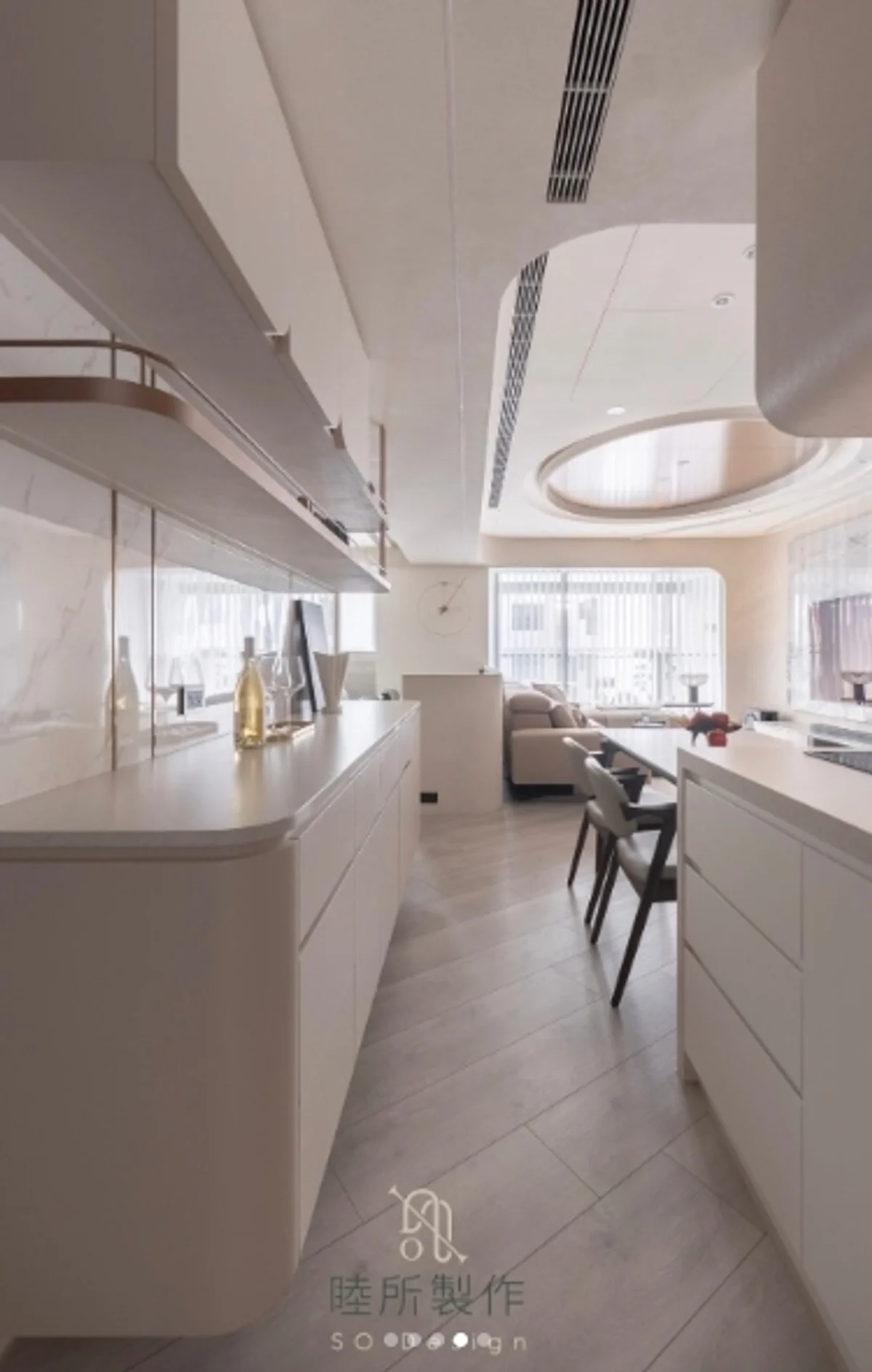高雄鼓山御之苑客廳設計-圓弧天花板廚房視角-睦所製作So Design