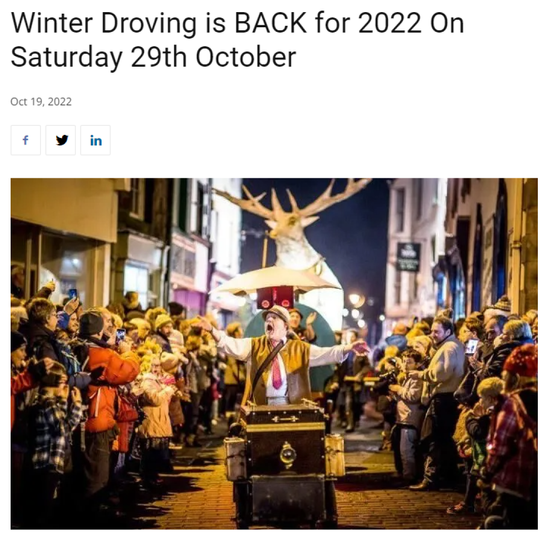 Press release saying "winter droving is back for 2022 on saturday 29th october"