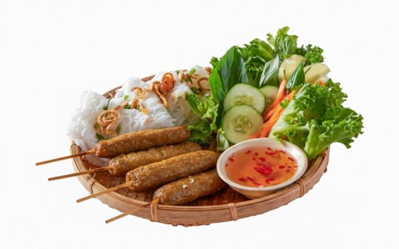 Pork sausage skewers with banh hoi