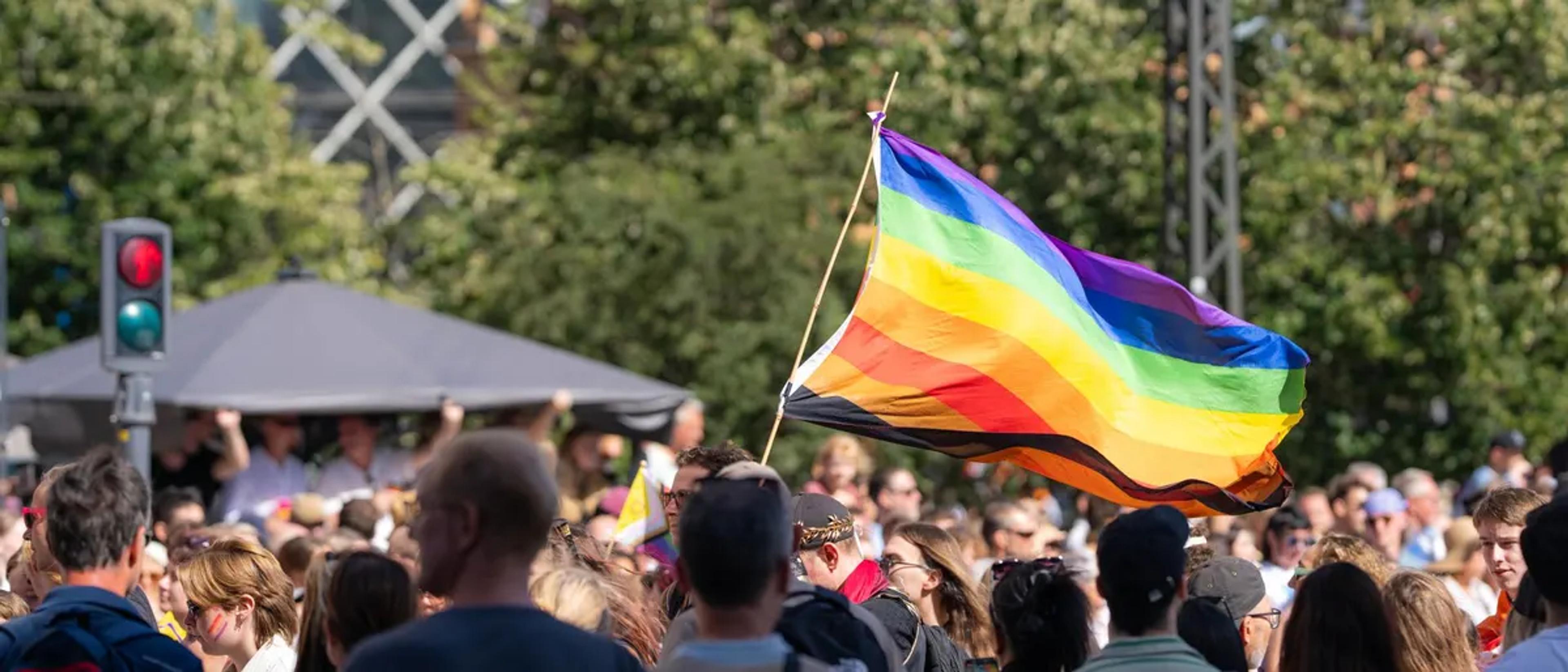 A rainbow flag lifted high above a packed outdoor Pride festival crowd