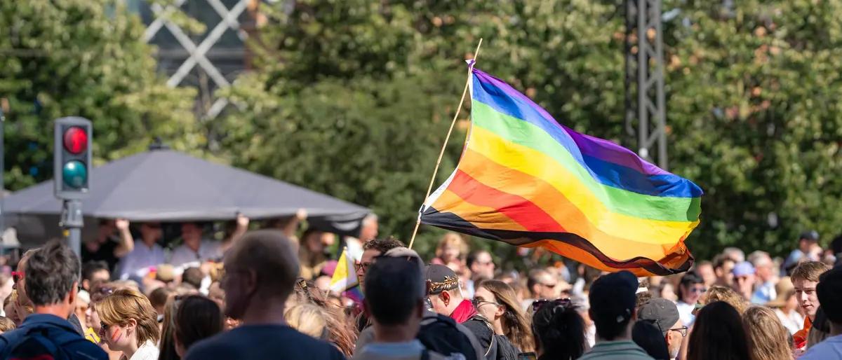 A rainbow flag lifted high above a packed outdoor Pride festival crowd