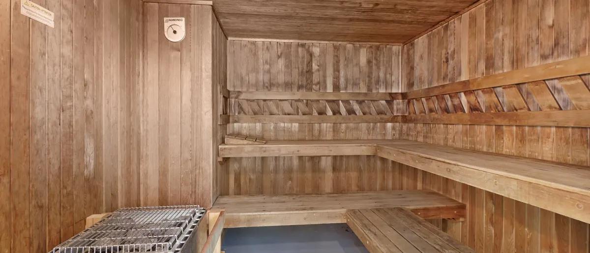 Empty wooden sauna interior with tiered benches and warm lighting