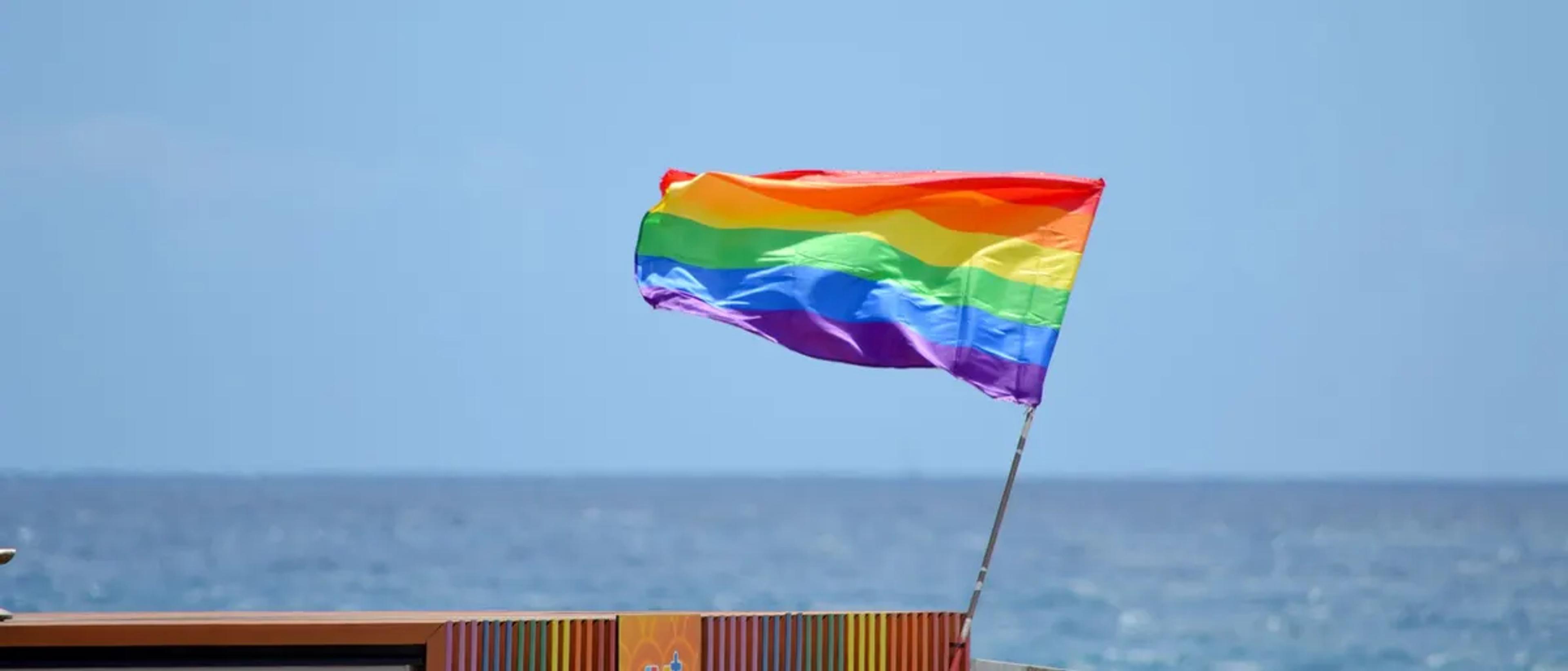 Rainbow flag flying over the sea from a ship's railing