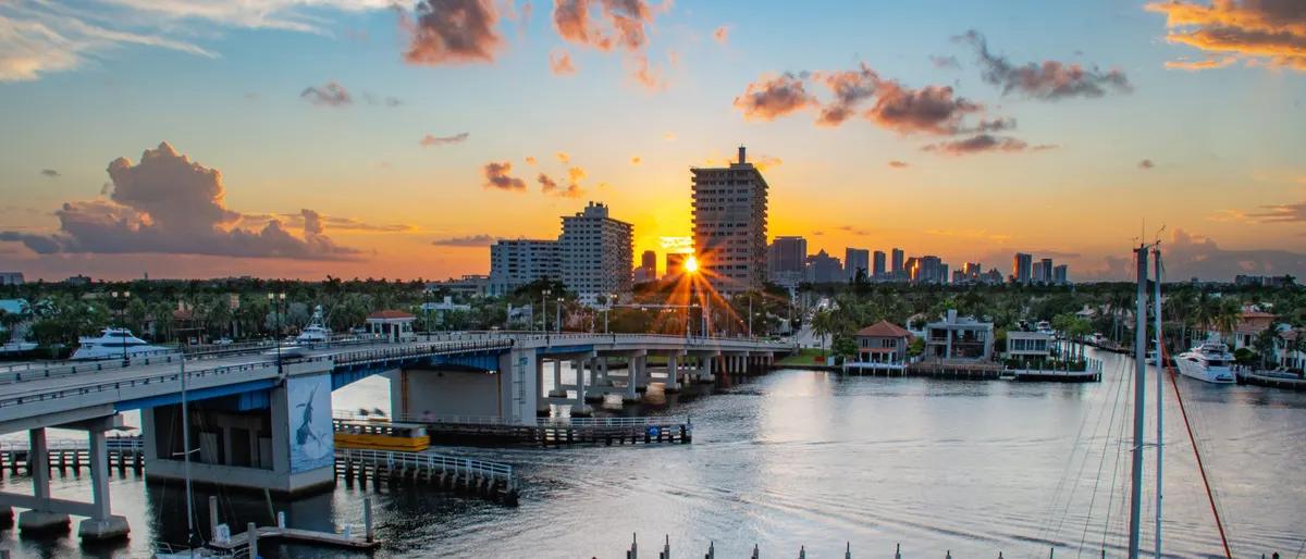 Sunset over the Fort Lauderdale Intracoastal waterway and skyline near Wilton Manors