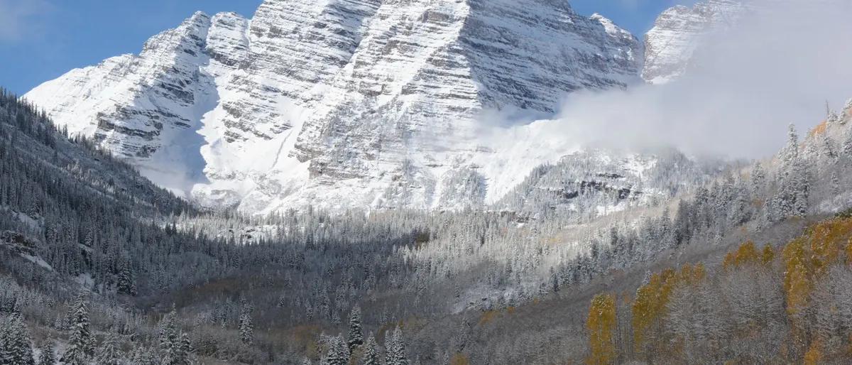 The snow-covered Maroon Bells near Aspen, Colorado in winter