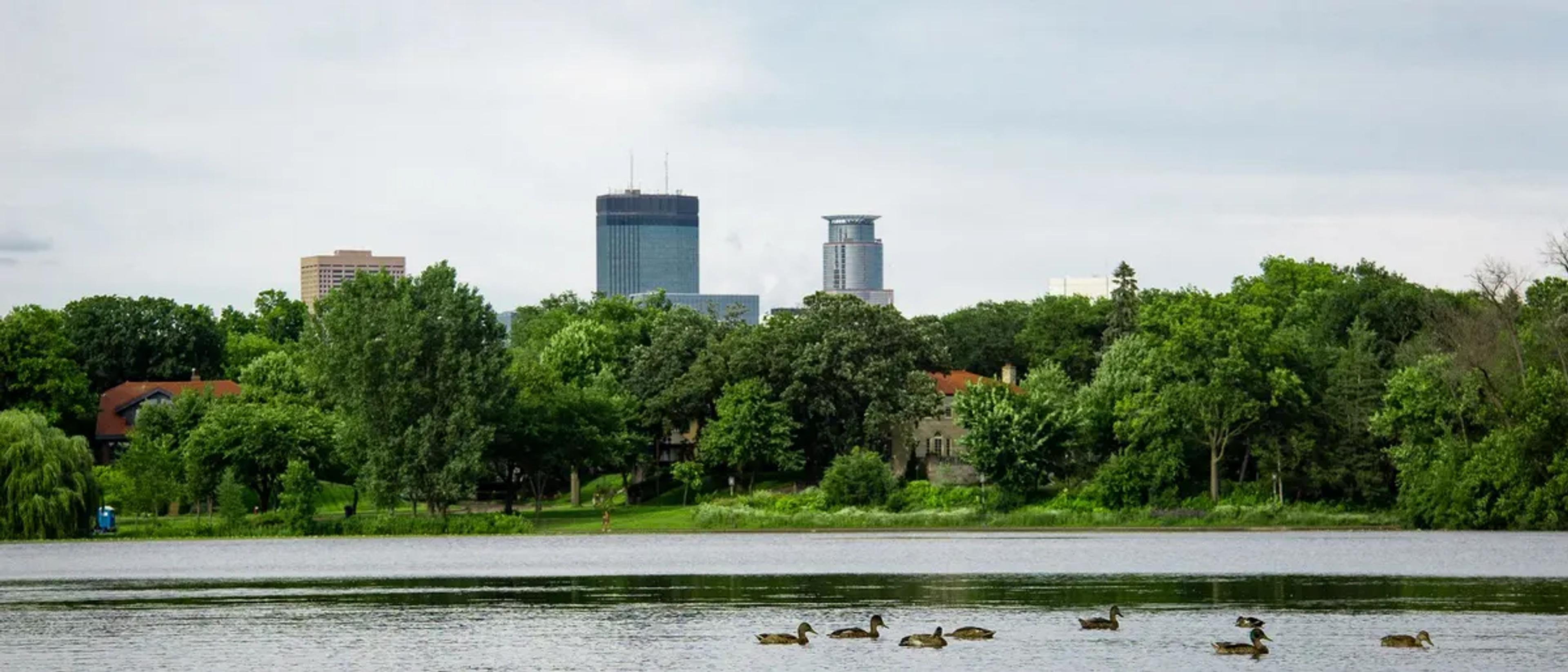 The Minneapolis skyline behind a calm park lake at Loring Park