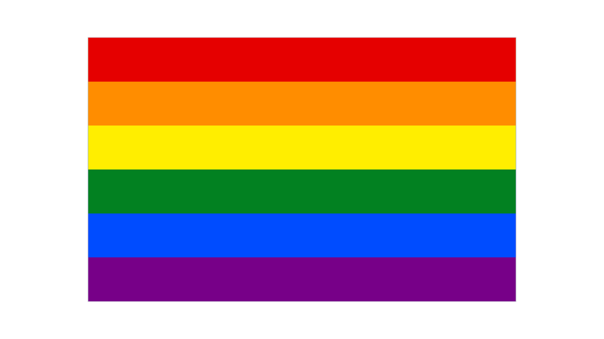The six-stripe rainbow Pride flag: red, orange, yellow, green, blue and violet