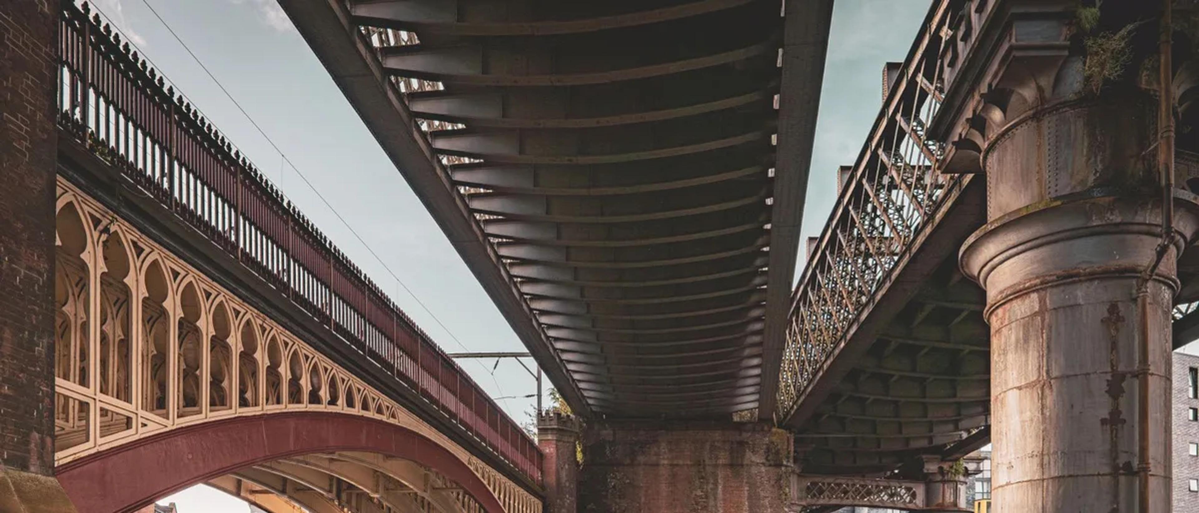 Victorian railway viaducts crossing the canal at Castlefield, Manchester