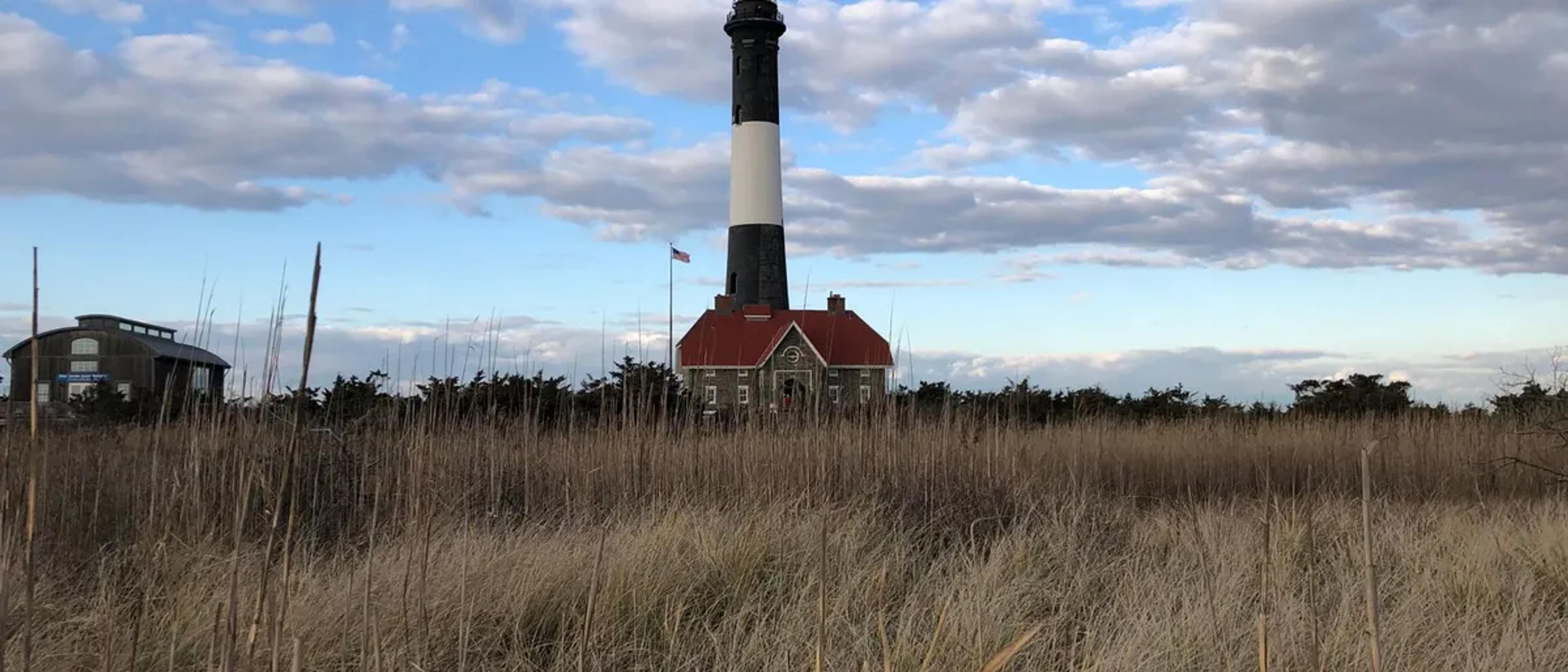 The black-and-white striped Fire Island lighthouse above golden marsh grass