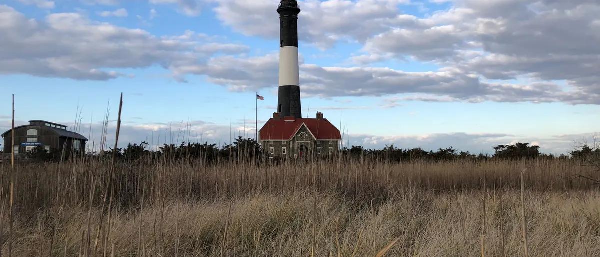 The black-and-white striped Fire Island lighthouse above golden marsh grass