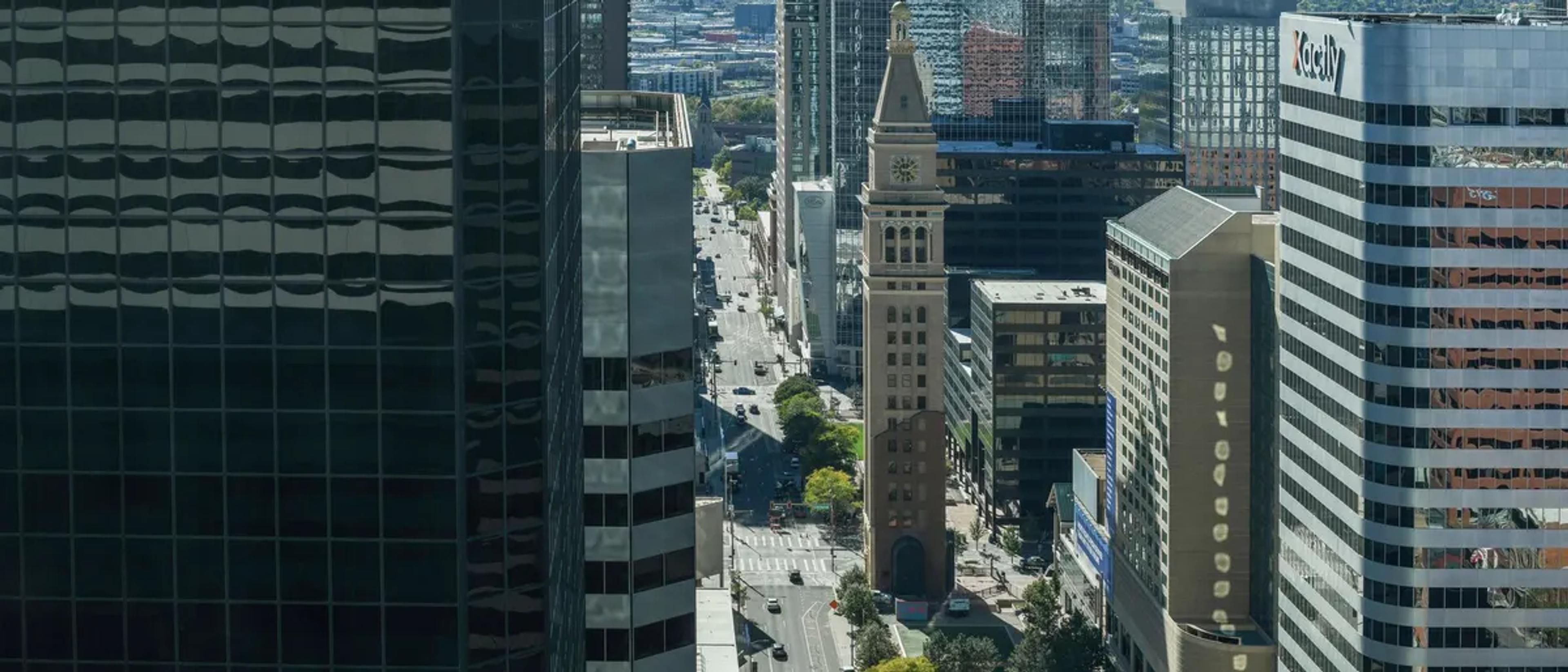The D&F Tower clock tower among downtown Denver high-rises