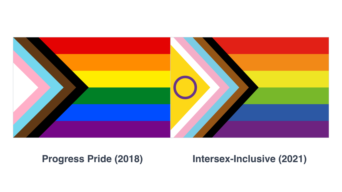 The Progress Pride flag beside the Intersex-Inclusive Progress Pride flag