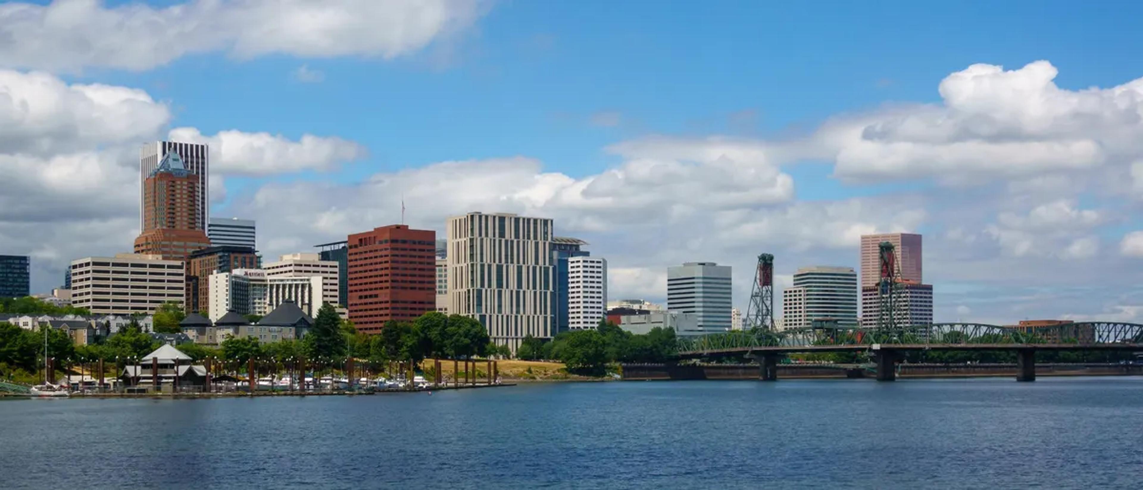 Portland skyline with the Hawthorne Bridge over the Willamette River