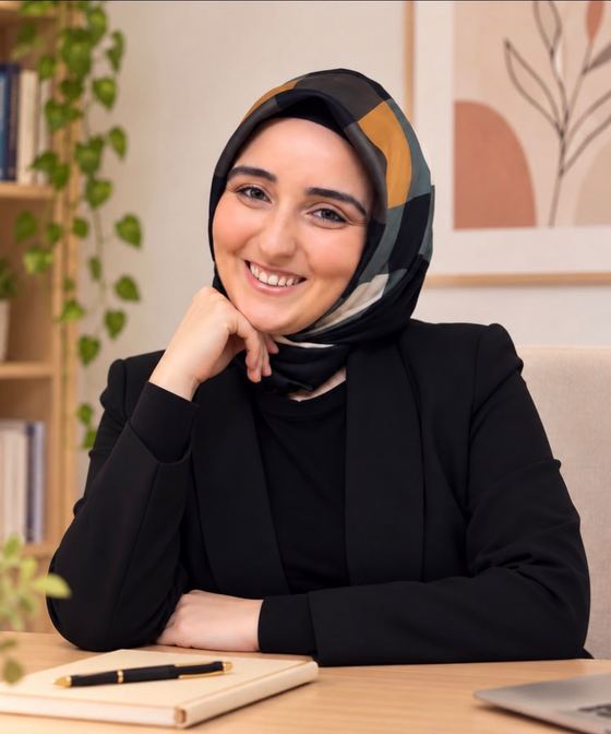 Uzman Klinik Psikolog Kübra Öztürk Aksoy çalışma masasında gülümserken