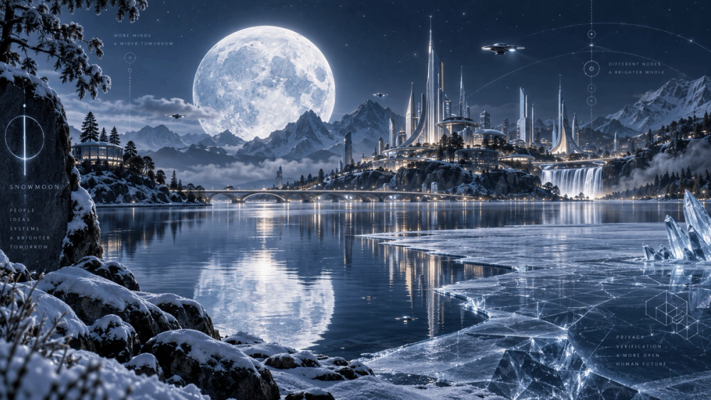 A futuristic, illuminated city sits beside a partially frozen lake beneath a massive full moon and snow-covered mountains at night. Sleek aircraft hover in the starry sky above the landscape, which is accented by subtle sci-fi diagrams and text overlays along the borders.
