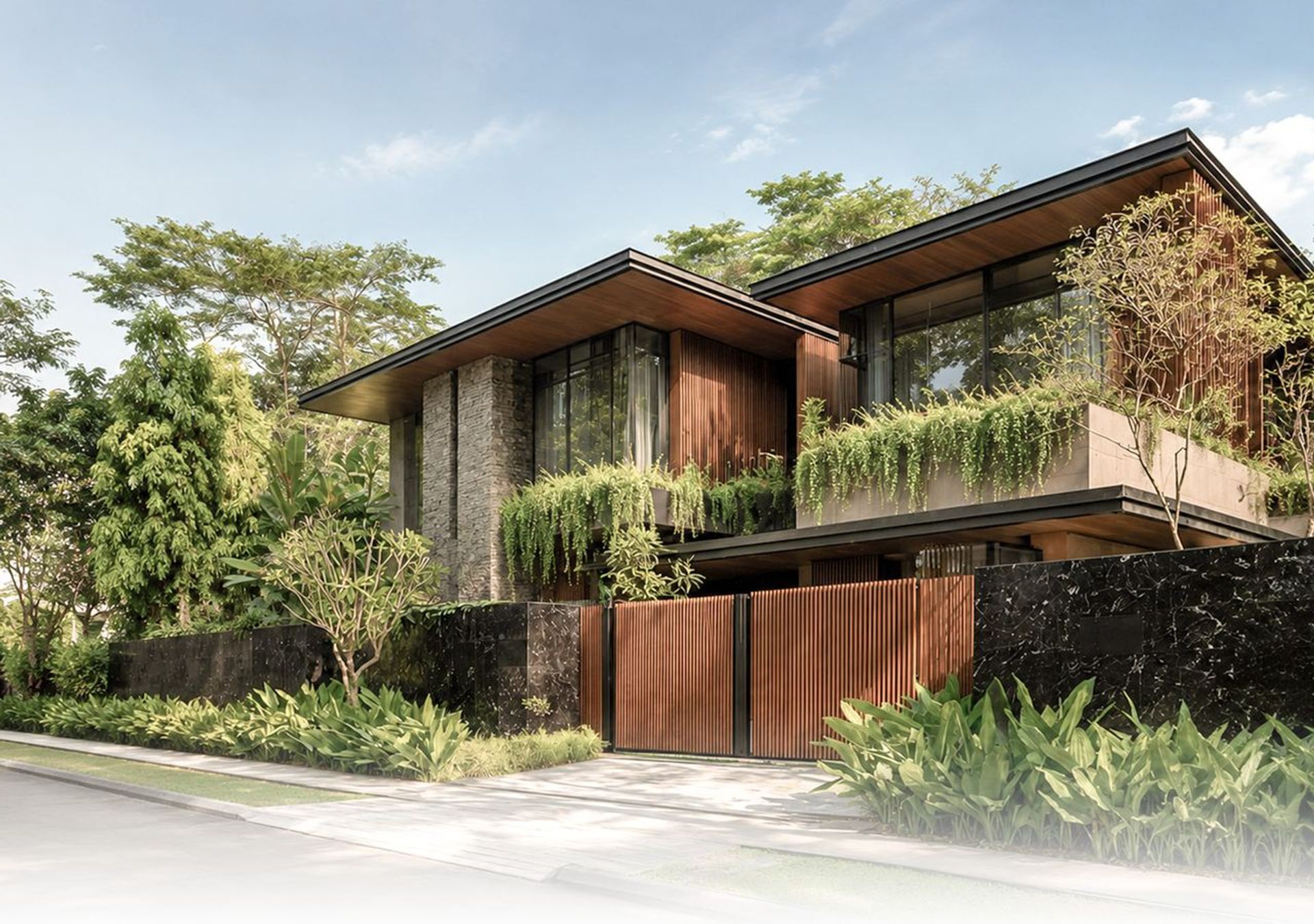 A managed residence with mature planting and a green facade.