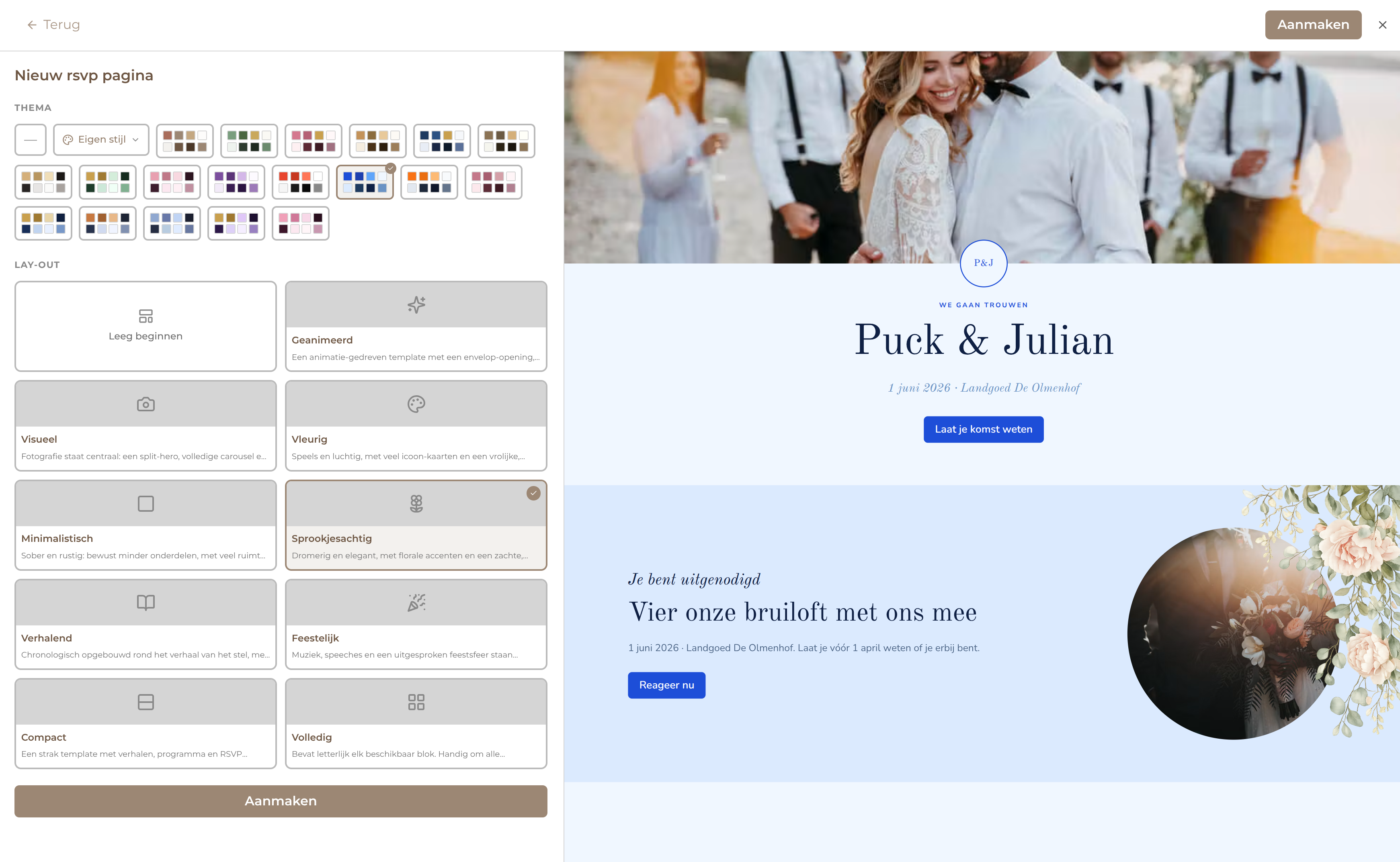 Kleurthema en template kiezen voor een digitale uitnodiging in BruiloftBuddy