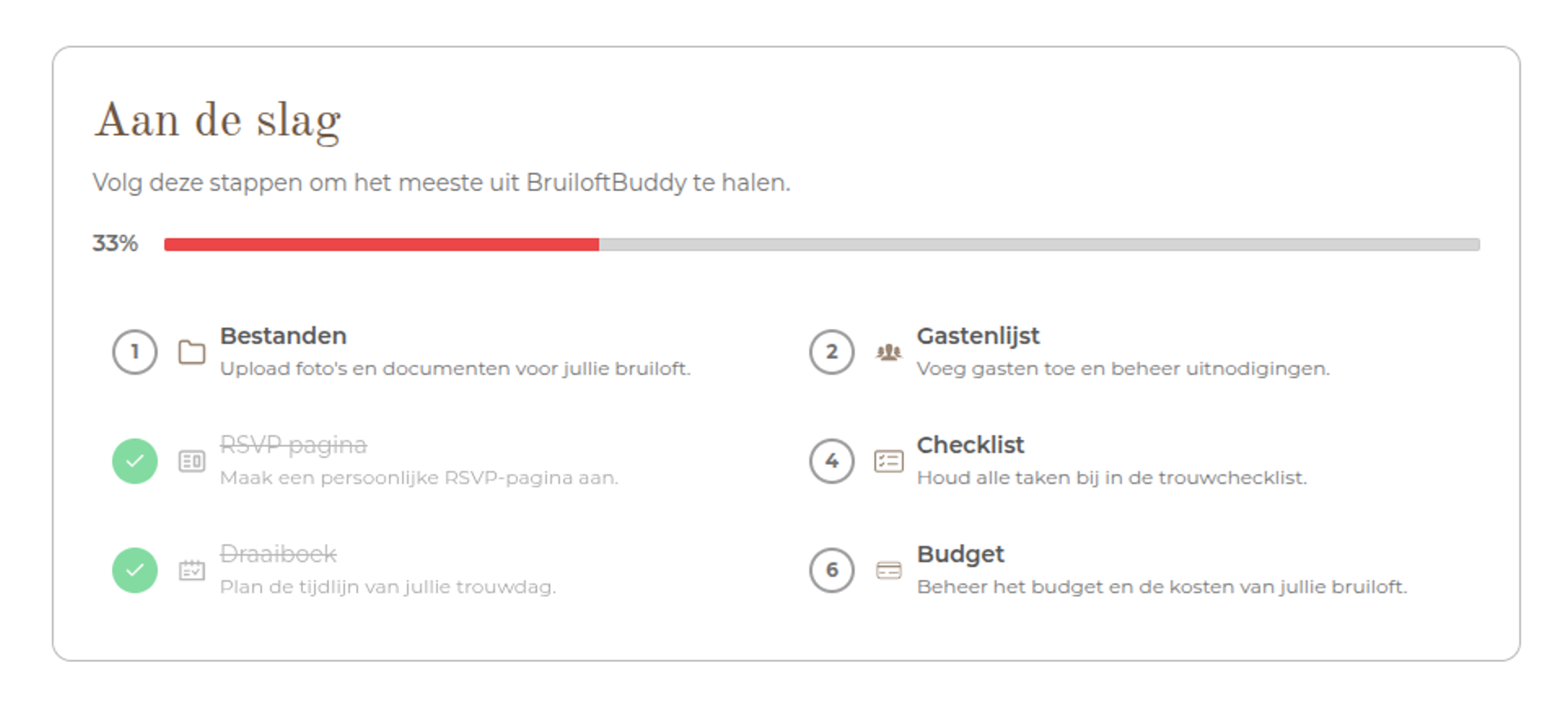 Onboarding-checklist in BruiloftBuddy met voortgangsbalk en stappen voor gastenlijst, checklist en budget