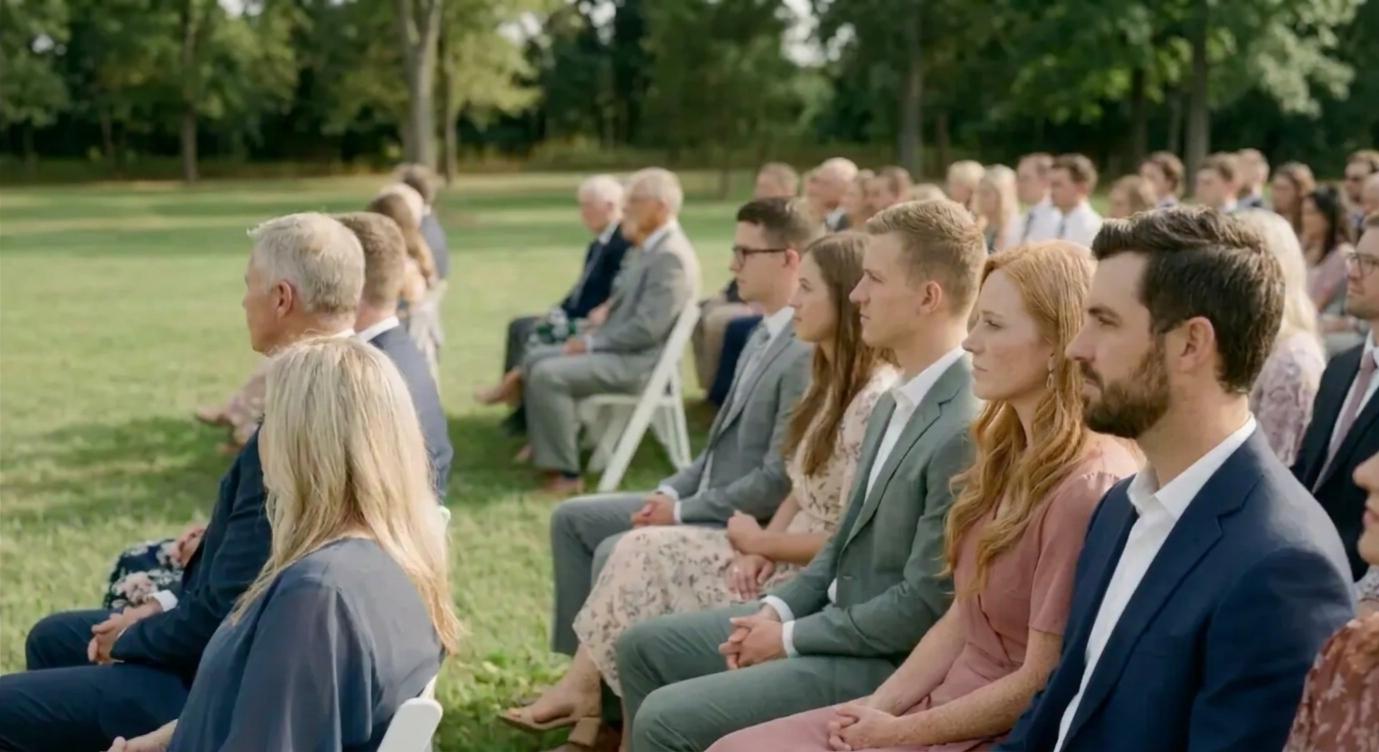 Mats en Mila tussen de gasten in het gras tijdens de geloftes
