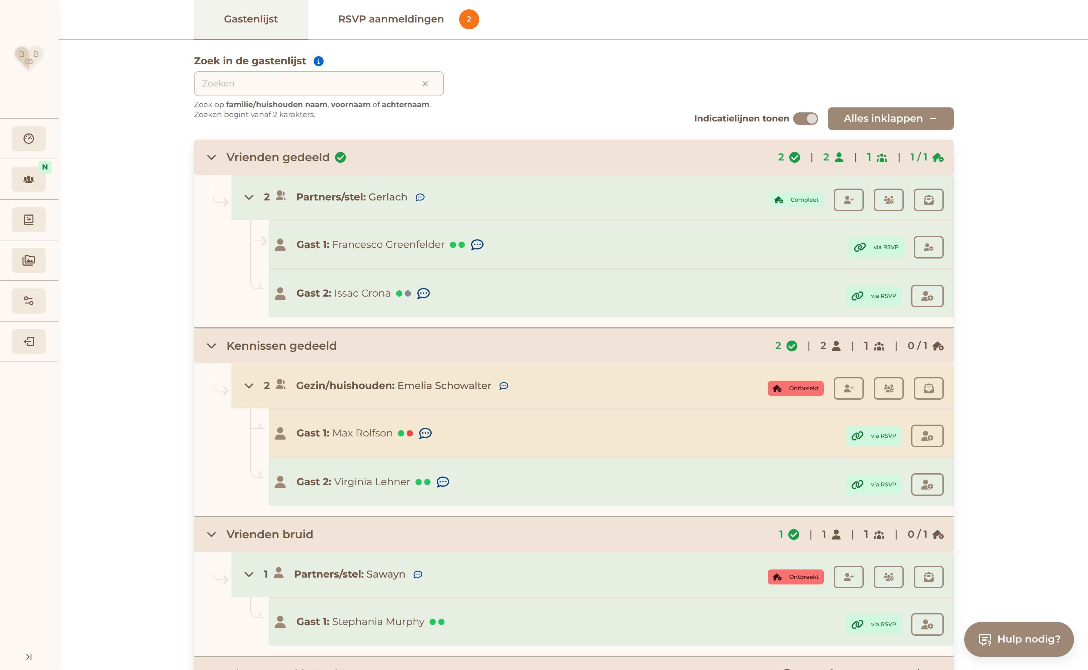 Gastenlijst in BruiloftBuddy met aanmeldingen die via de RSVP-pagina zijn binnengekomen