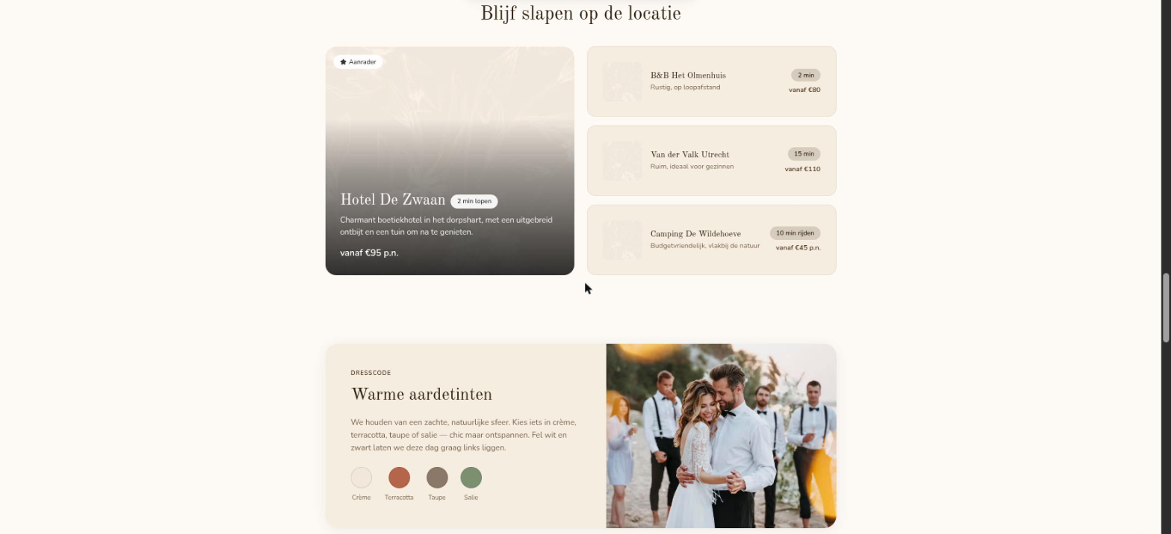 Trouwwebsite-sjabloon van BruiloftBuddy in warme aardetinten, met overnachtingstips bij de locatie