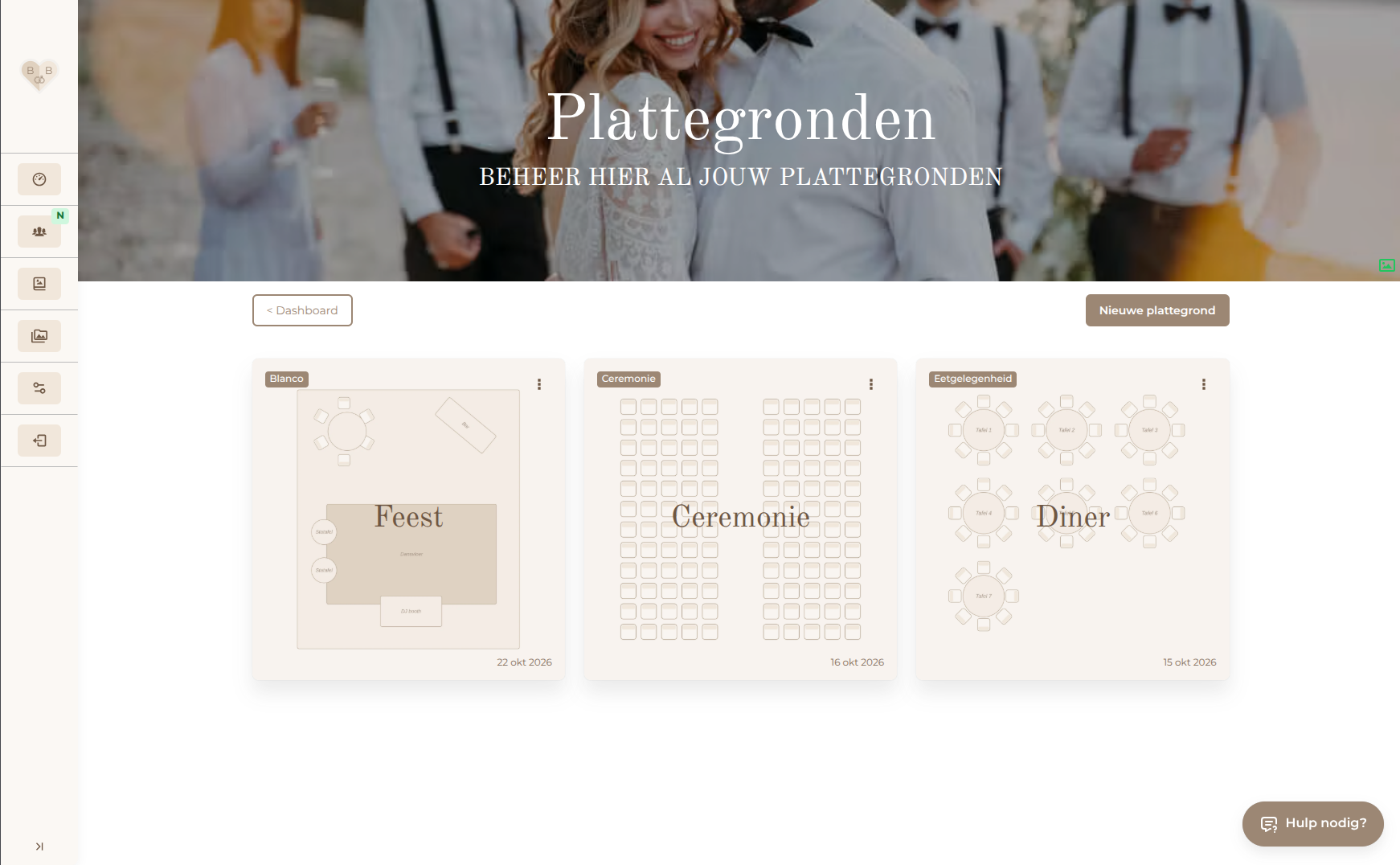 Overzicht met een plattegrond voor de ceremonie en een voor het diner in BruiloftBuddy