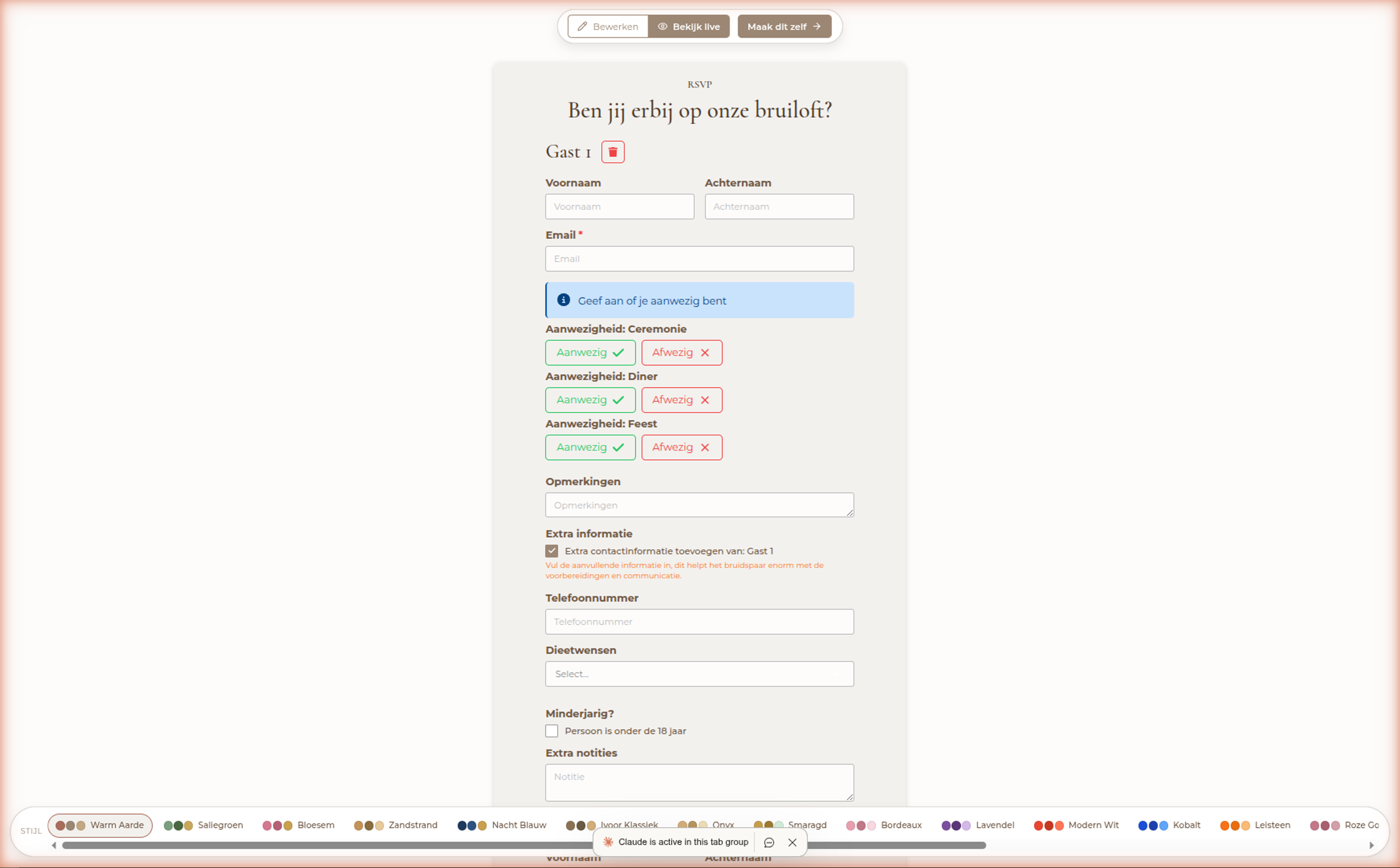 RSVP-formulier op een trouwwebsite van BruiloftBuddy met aanwezigheid per dagdeel en dieetwensen
