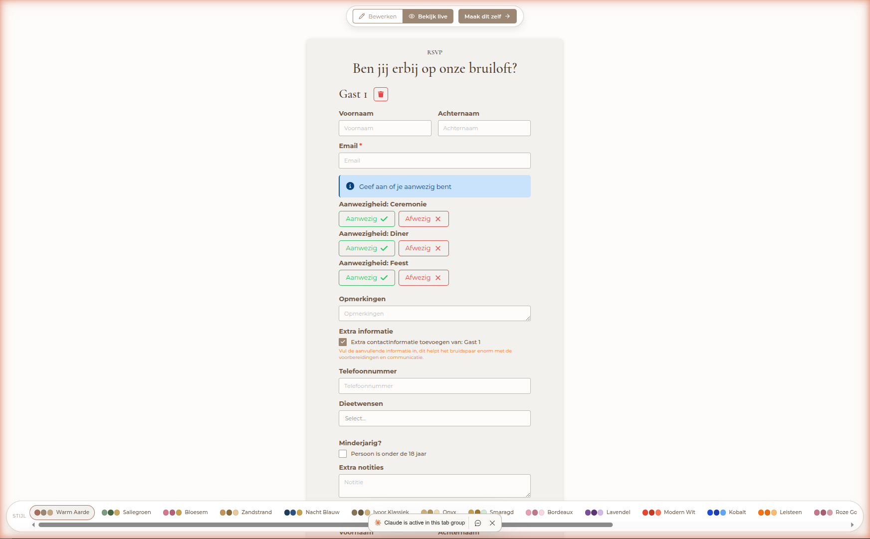 RSVP-formulier op een trouwwebsite van BruiloftBuddy met aanwezigheid per dagdeel en dieetwensen