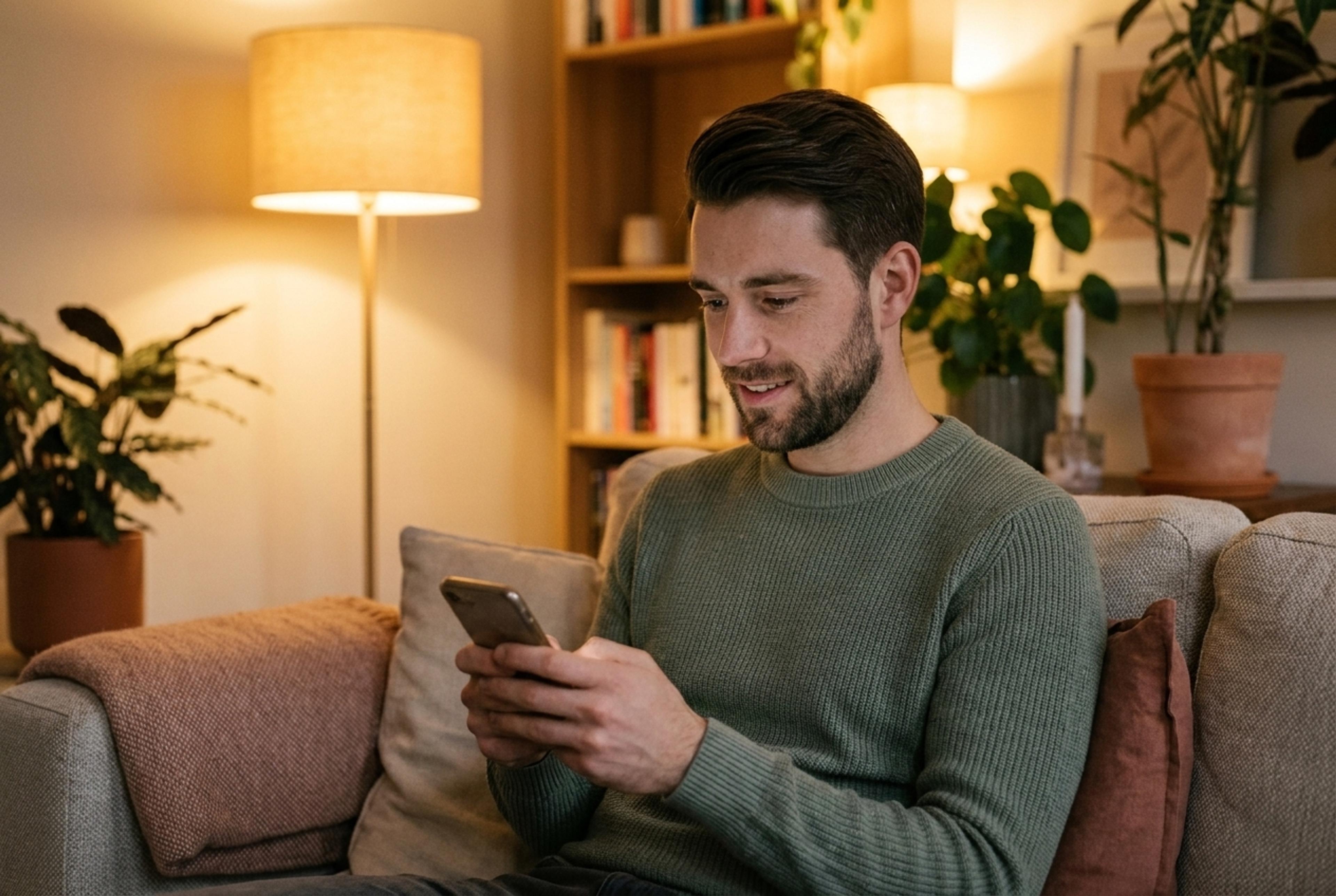 Iemand zoekt 's avonds op de telefoon naar ideeën voor een aanzoek